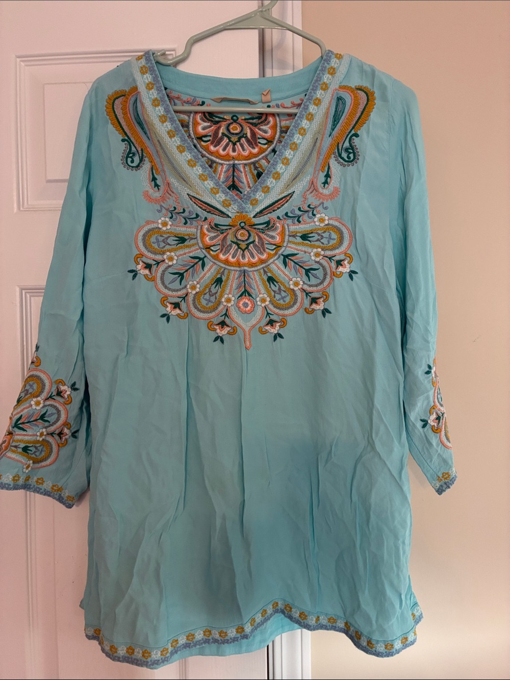 Soft Surroundings Aqua Embroidered V-Neck Tunic